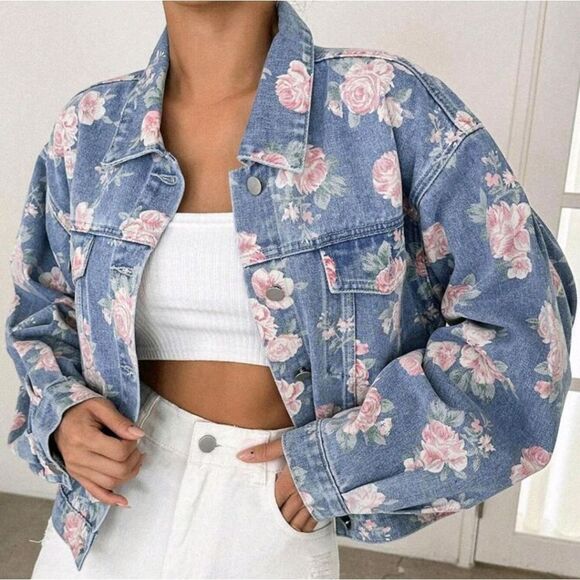 Women's Faded Pink Flowers Blue Fl8oral Y2K Jean Jacket | Back to School - Picture 1 of 7